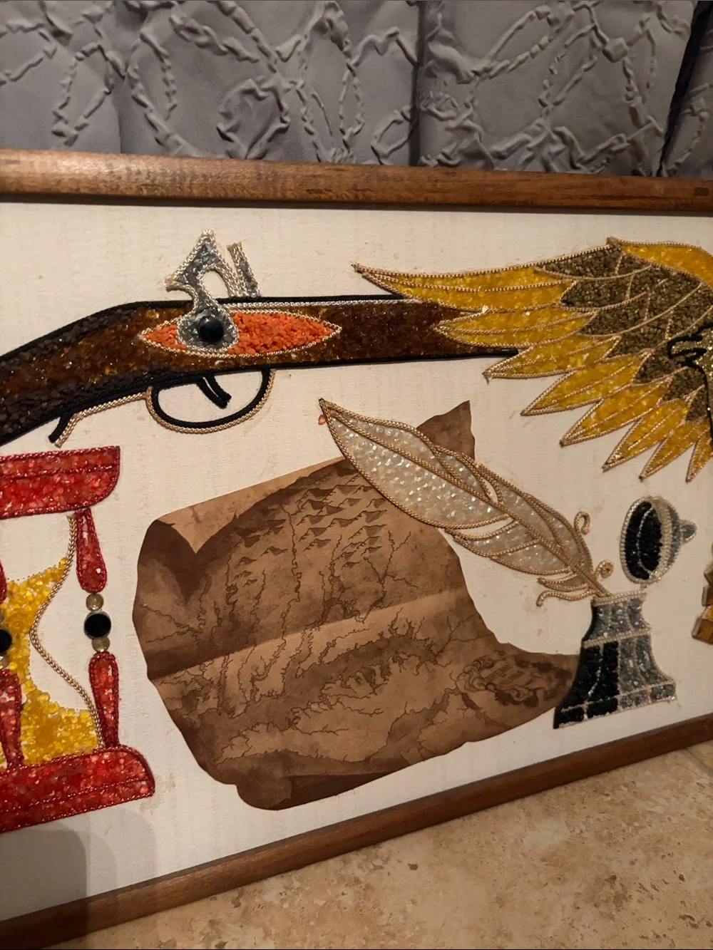 Rustic Patriotic Eagle and Rifle Wall Art - Gold, Brown, Red Vintage Gravel MCM